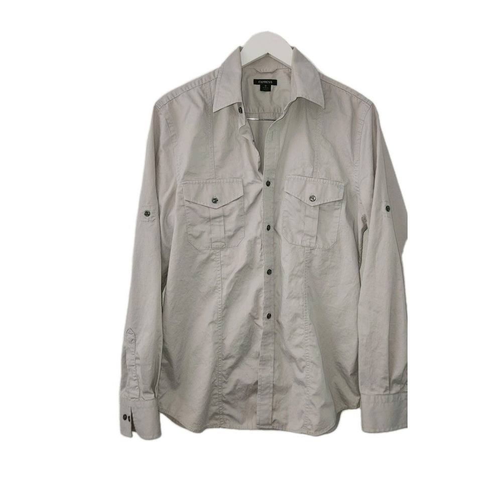 EXPRESS FITTED MED 15-15 1/2 LIGHT GRAY DRESS BUTTON SHIRT 90095 97% COTTON